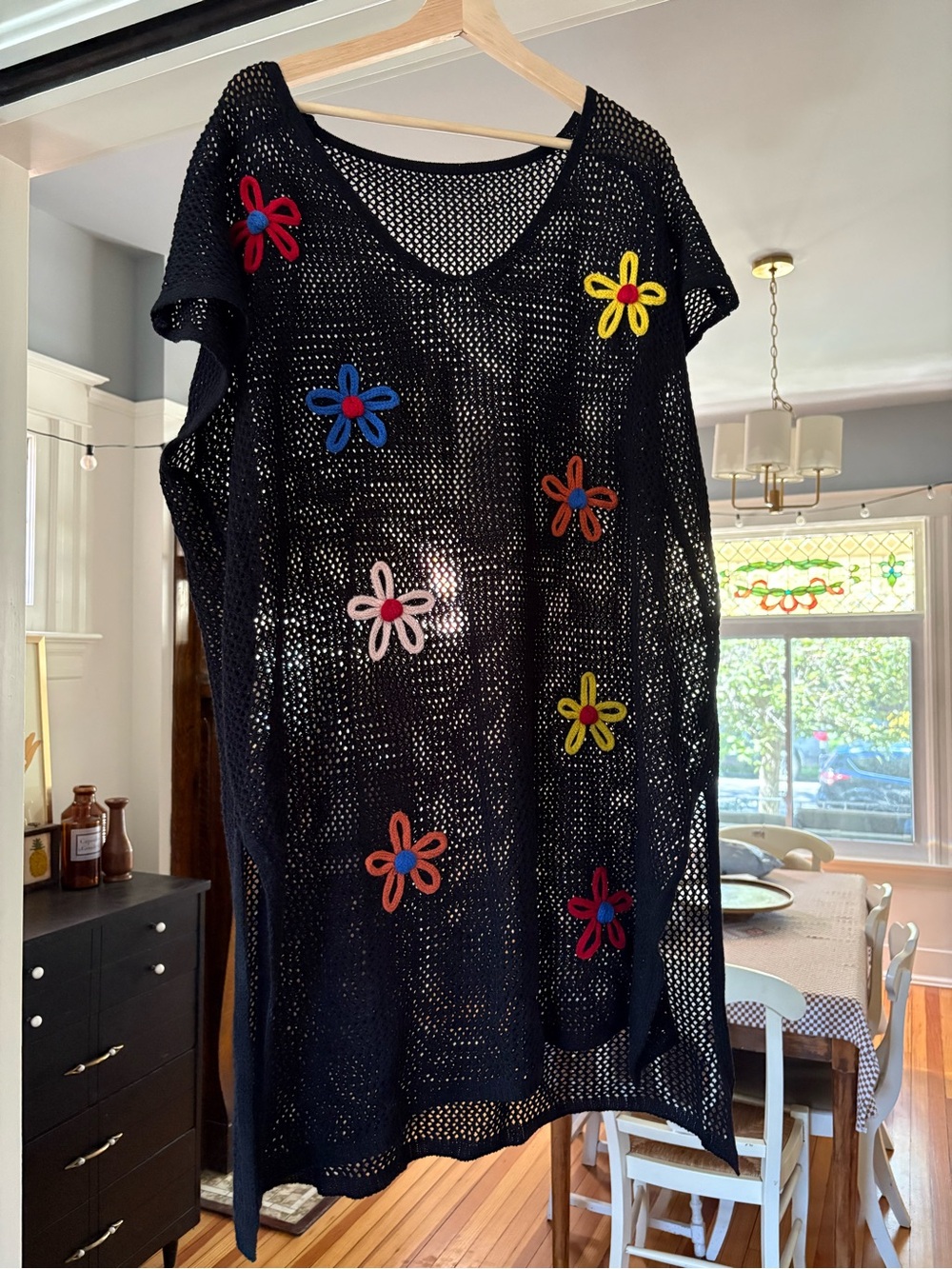 BloomChic Black Crochet Swim Coverup with Bright Floral Appliqués